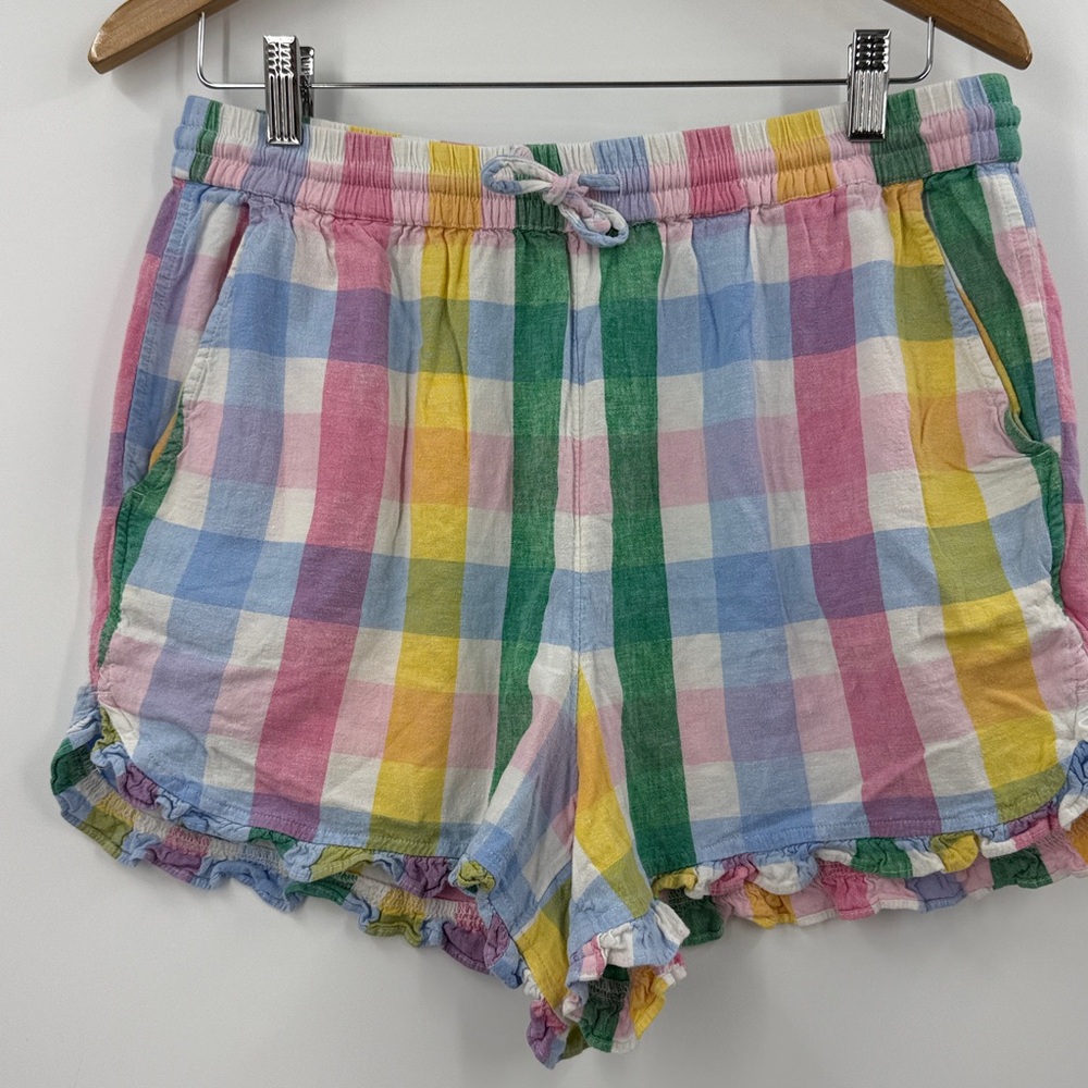 Linen shorts multi color plaid spring summer pastel beach resort ruffle hem